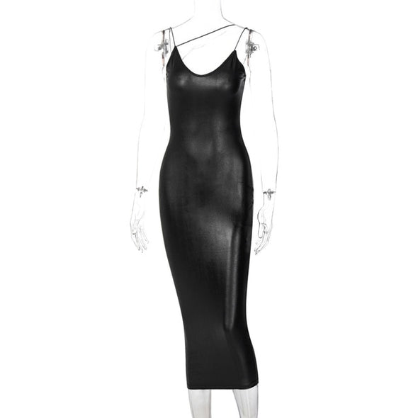 Dulzura Pu Faux Leather Women Slit Midi Dress Strap V Neck Backless Bodycon Sexy Streetwear Party Elegant Autumn Winter Club
