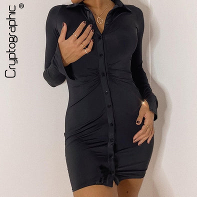 Cryptographic Ruched Black Women's Shirt Dress Fashion Casual Turn-Down Collar Button Up Women's Mini Dresses Bodycon Solid