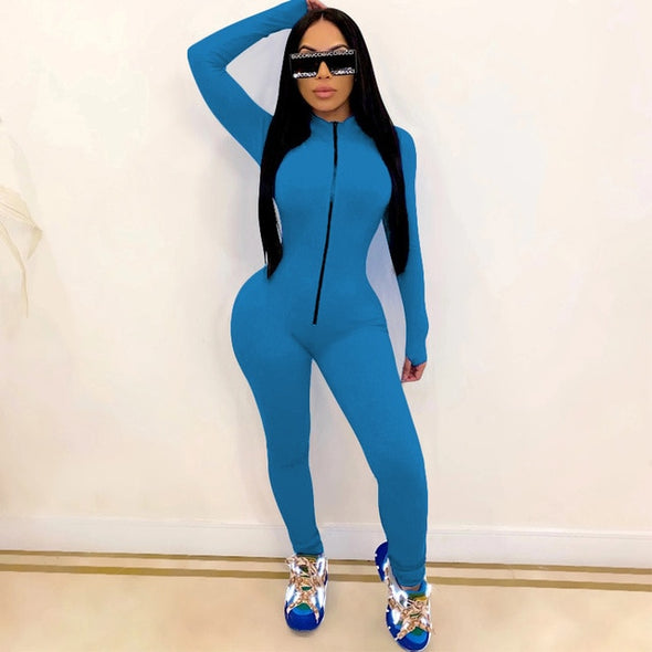 Sexy Solid Color Long Sleeve Deep V Bodycon Rompers Womens Jumpsuit Sport Suit Fashion Zip Up Long Pants Overalls Fitness Set