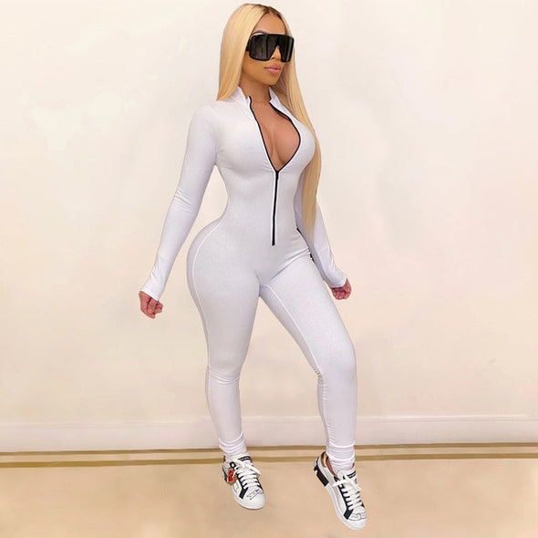 Sexy Solid Color Long Sleeve Deep V Bodycon Rompers Womens Jumpsuit Sport Suit Fashion Zip Up Long Pants Overalls Fitness Set