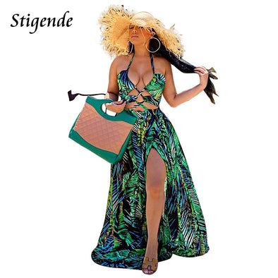 Stigende Women Bohemian Palm Leaf Maxi Dress Sexy High Split Summer Beach Halter Dress Casual Sleeveless Bandage Long Dress