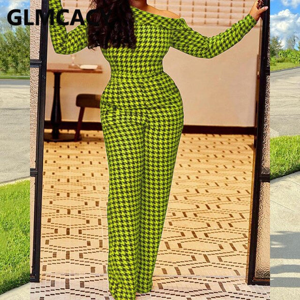 Women Skew Neck Off Shoulder Houndstooth Jumpsuits Elegant Streetwear Office Lady Workwear Party Overalls Outfit