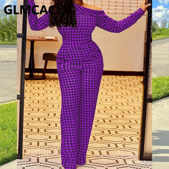 Women Skew Neck Off Shoulder Houndstooth Jumpsuits Elegant Streetwear Office Lady Workwear Party Overalls Outfit