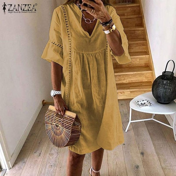 ZANZEA 2021  Summer Lace Dress Women's Sundress Fashion Flare Sleeve Short Vestido Female Bohemian V Neck Party Shirt Robe Femme