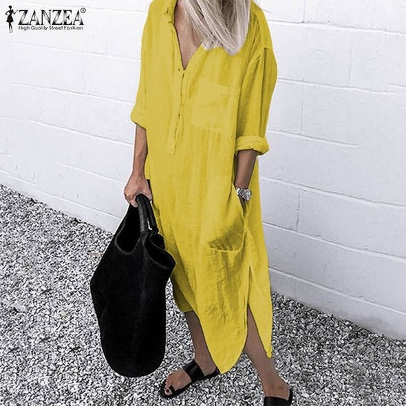 ZANZEA 2021 Women Lapel Long Sleeve Autumn Shirt Dress Cotton Split Dresses Elegant Solid Work Office Vestidos Female Tunic Robe
