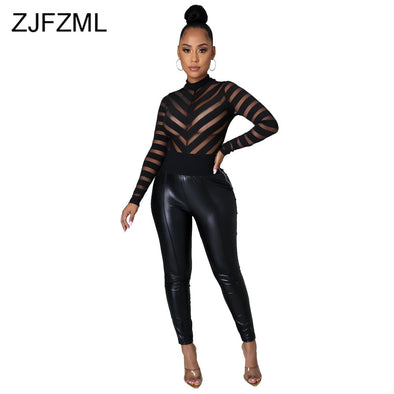 New Sexy Black Round Neck Femme Long Sleeve Tops Spring Summer Mesh Perspective Spliced Slim Night Club Party Bodysuit Womens