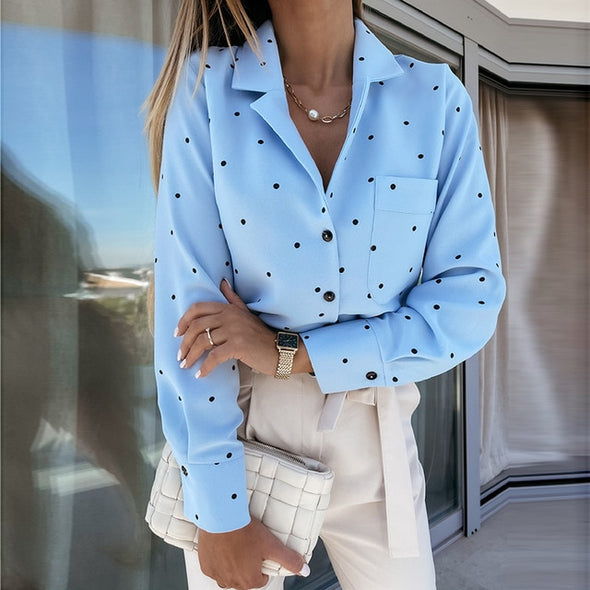 Pockets Polka Dot Printed Casual Women Blouse Ladies Long Sleeve Turn Down Collar Office Work Fashion 2020 Autumn Tops