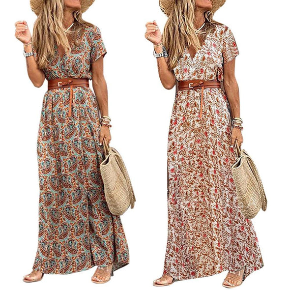 Fashion Boho Long Dress for Women V Neck Short Sleeve Paisley Print Belt Large Hem Beach Long Dress Elegant Women's Dress 2021
