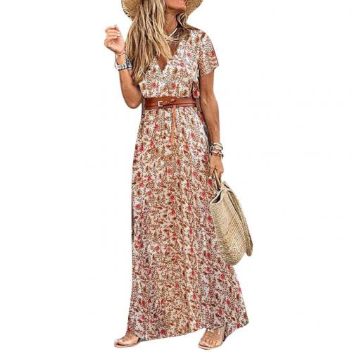 Fashion Boho Long Dress for Women V Neck Short Sleeve Paisley Print Belt Large Hem Beach Long Dress Elegant Women's Dress 2021