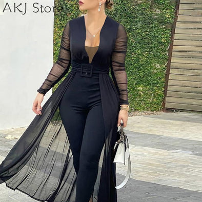 Women Fashion Elegant Long Sleeve Mesh Skinny Jumpsuits Formal Party Romper Sheer Mesh Party Jumpsuit