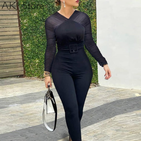 Women Fashion Elegant Long Sleeve Mesh Skinny Jumpsuits Formal Party Romper Sheer Mesh Party Jumpsuit