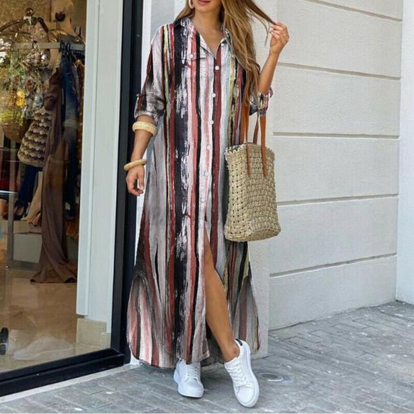 Autumn Long Dress Long Sleeve Shirt Dress Women Denim Long Dresses Pocket Button Shirt Print Dress Casual Loose Dresses 2021