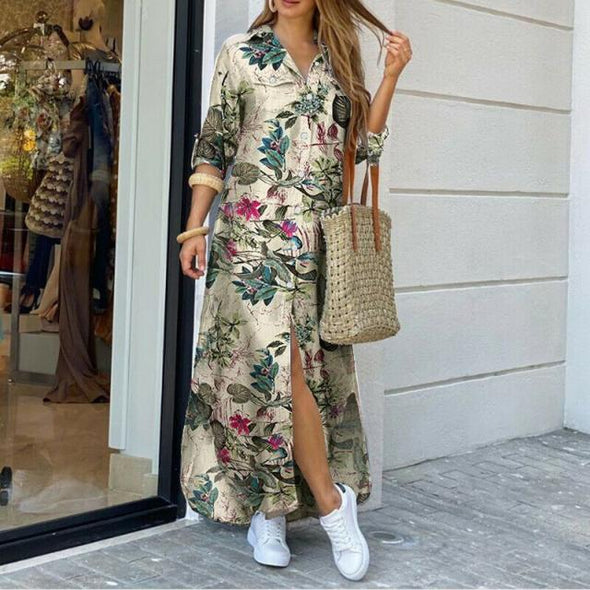Autumn Long Dress Long Sleeve Shirt Dress Women Denim Long Dresses Pocket Button Shirt Print Dress Casual Loose Dresses 2021