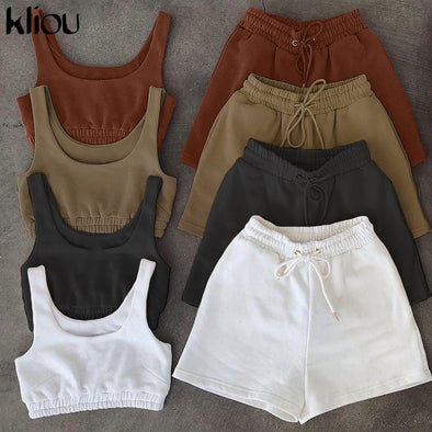 Kliou Casual Solid Sportswear Two Piece Sets Women 2021 Crop Top And Drawstring Shorts Matching Set Summer Athleisure Outfits