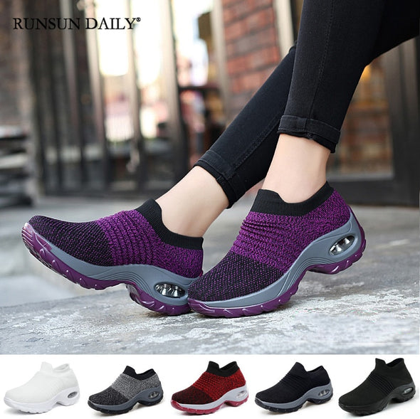 Women's Walking Shoes Fashion Air Cushion Thick Bottom Sneakers Slip-on Lightweight Breathable Casual Shoes