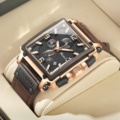 2024 New Fashion Waterproof Men's Watch Top Brand Luxury Leather Square Large Dial Sports Quartz Chronograph Relogio Masculi