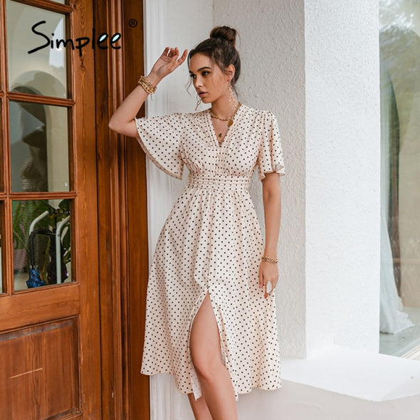 Simplee Chic polka dot botton a-line dress women Bell sleeve high waist maxi dress elegant Office lady dresses spring summer2021