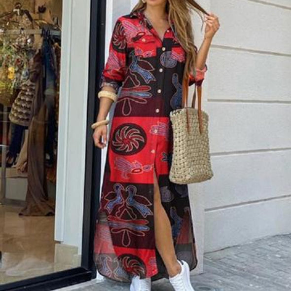 Autumn Long Dress Long Sleeve Shirt Dress Women Denim Long Dresses Pocket Button Shirt Print Dress Casual Loose Dresses 2021