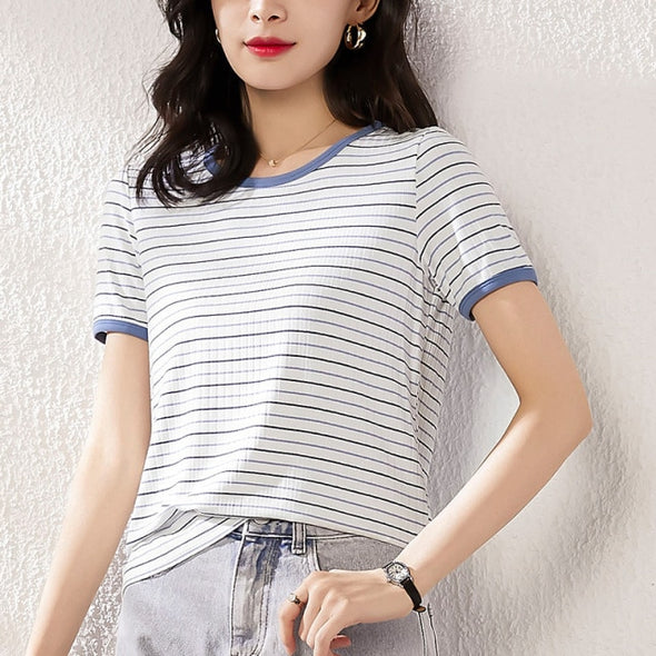 Women Fashion Black And White Striped Blouse Shirt Casual Long Sleeve O-neck Soft Korean Shirt Ladies Women T-Shirt Spring 2021