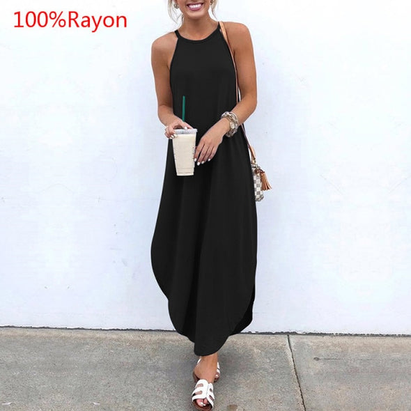 Printed Maxi Dresses VONDA Bohemian Sexy Sleeveless Sundress Women Causal Halter Summer Beach Dress Asymmetric Long Dresses