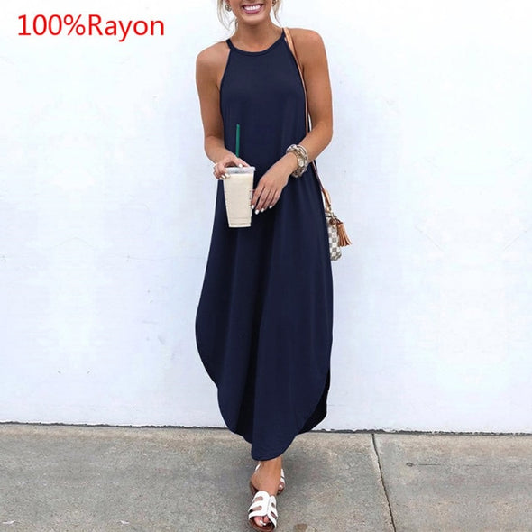 Printed Maxi Dresses VONDA Bohemian Sexy Sleeveless Sundress Women Causal Halter Summer Beach Dress Asymmetric Long Dresses