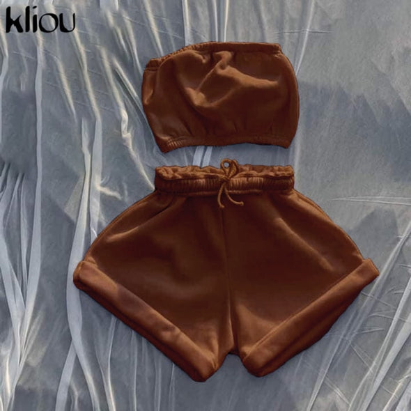 Kliou Casual Solid Sportswear Two Piece Sets Women 2021 Crop Top And Drawstring Shorts Matching Set Summer Athleisure Outfits