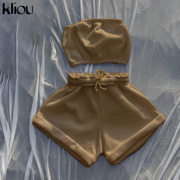 Kliou Casual Solid Sportswear Two Piece Sets Women 2021 Crop Top And Drawstring Shorts Matching Set Summer Athleisure Outfits