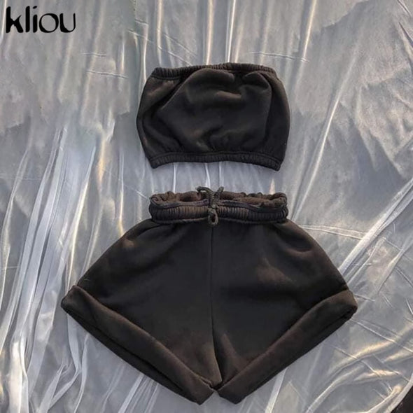 Kliou Casual Solid Sportswear Two Piece Sets Women 2021 Crop Top And Drawstring Shorts Matching Set Summer Athleisure Outfits