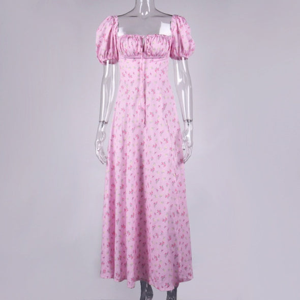 Summer Dress Women Short Puff Sleeve Flroal Printed Ruched Party High Split Long Maxi Dresses Drawstring Sexy Vestidos Sundress