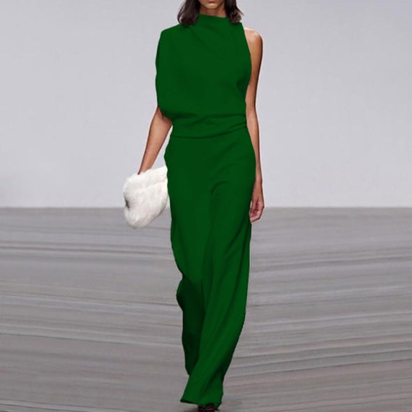 Women Elegant Solid One Shoulder Party Jumpsuits Office Ladies Long Sleeve Wide Leg Playsuits 2021 Spring High Street Rompers