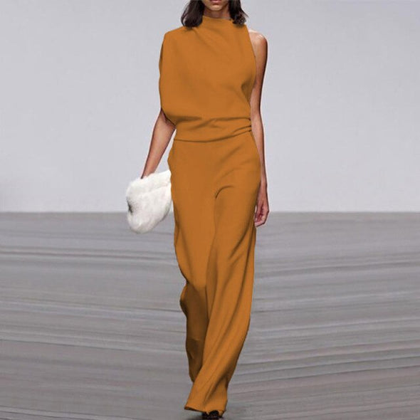 Women Elegant Solid One Shoulder Party Jumpsuits Office Ladies Long Sleeve Wide Leg Playsuits 2021 Spring High Street Rompers