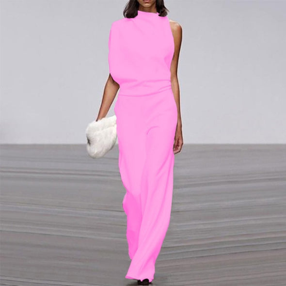 Women Elegant Solid One Shoulder Party Jumpsuits Office Ladies Long Sleeve Wide Leg Playsuits 2021 Spring High Street Rompers