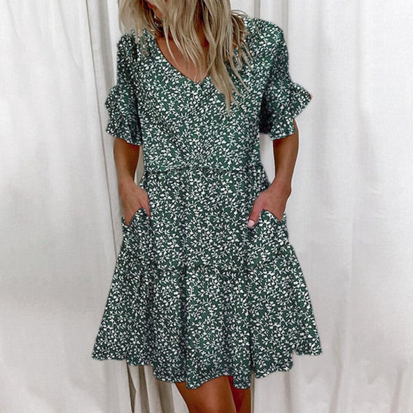 Casual Ruffles Loose V-Neck Dress Women Summer Short Sleeve Floral Print Woman Dress Plus Size 2021 Fashion White Beach Dresses