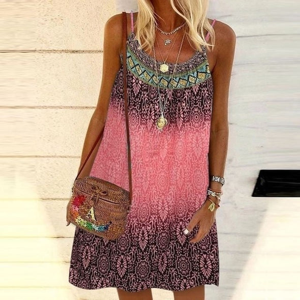 Summer Bohemian Dress Women Vintage Printed Spaghetti Strap Sundress Lady Casual Loose Sleeveless Mini Vestidos Beach Dress 2021