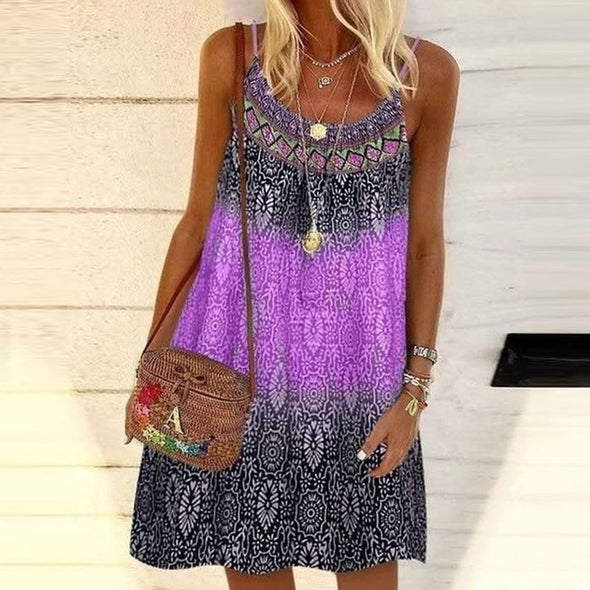 Summer Bohemian Dress Women Vintage Printed Spaghetti Strap Sundress Lady Casual Loose Sleeveless Mini Vestidos Beach Dress 2021