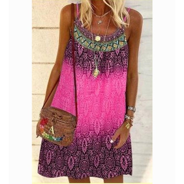 Summer Bohemian Dress Women Vintage Printed Spaghetti Strap Sundress Lady Casual Loose Sleeveless Mini Vestidos Beach Dress 2021