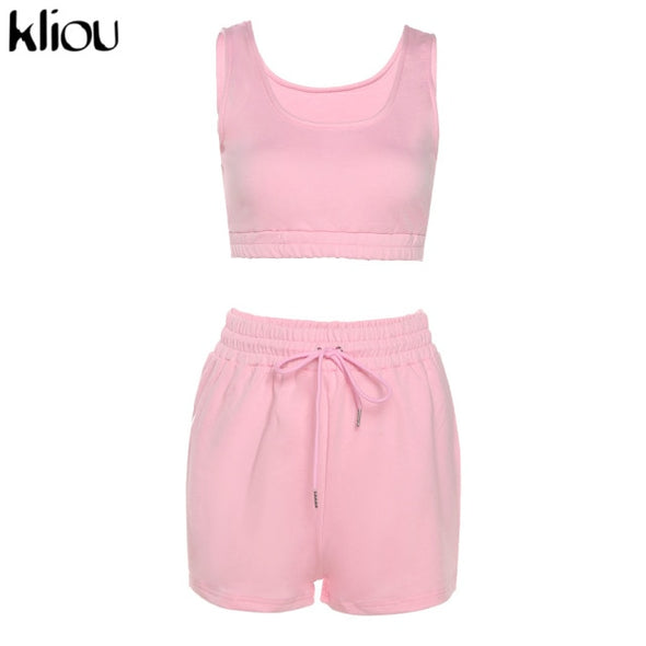 Kliou Casual Solid Sportswear Two Piece Sets Women 2021 Crop Top And Drawstring Shorts Matching Set Summer Athleisure Outfits