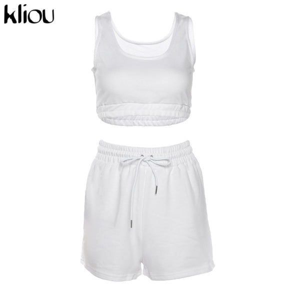Kliou Casual Solid Sportswear Two Piece Sets Women 2021 Crop Top And Drawstring Shorts Matching Set Summer Athleisure Outfits