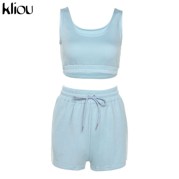 Kliou Casual Solid Sportswear Two Piece Sets Women 2021 Crop Top And Drawstring Shorts Matching Set Summer Athleisure Outfits