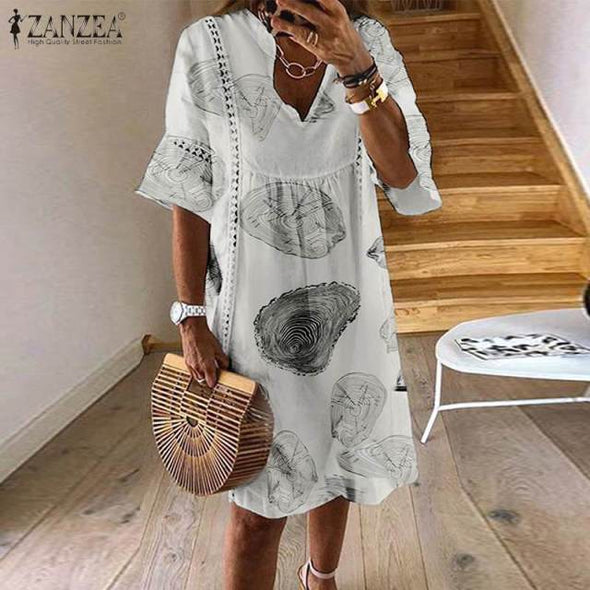 ZANZEA 2021  Summer Lace Dress Women's Sundress Fashion Flare Sleeve Short Vestido Female Bohemian V Neck Party Shirt Robe Femme