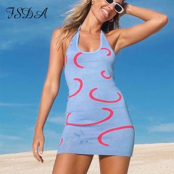 FSDA 2021 Knitted Bodycon Dress Women Y2K Halter Neck Summer Yellow Sleeveless Midi Backless Party Sexy Dresses Beach