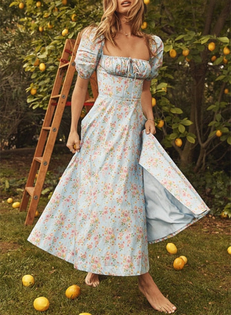 Summer Dress Women Short Puff Sleeve Flroal Printed Ruched Party High Split Long Maxi Dresses Drawstring Sexy Vestidos Sundress
