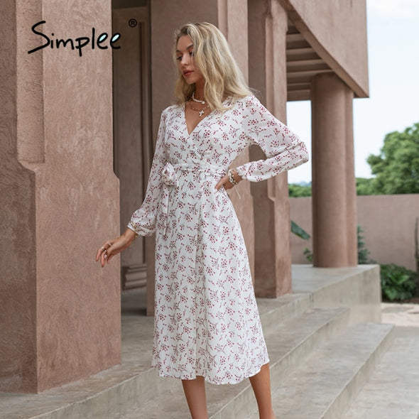 Simplee Elegant Green Leaf Print Dress Sexy Spring Long-sleeved V-neck Women Dresses 2021 Office Wrap Lace-up A-line Vestidos