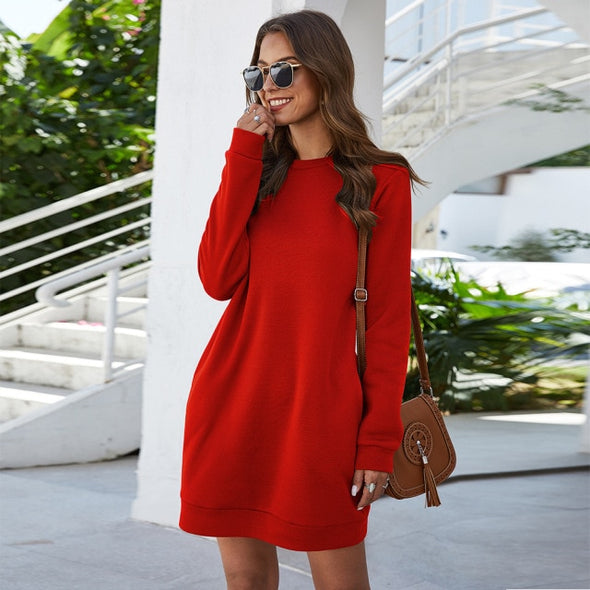Leosoxs Autumn Winter O Neck Long Sleeve Women's Sweatshirt Dress 2021 New Fashion Solid Loose Pocket Ladies Mini Dress Vestidos