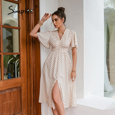 Simplee Chic polka dot botton a-line dress women Bell sleeve high waist maxi dress elegant Office lady dresses spring summer2021