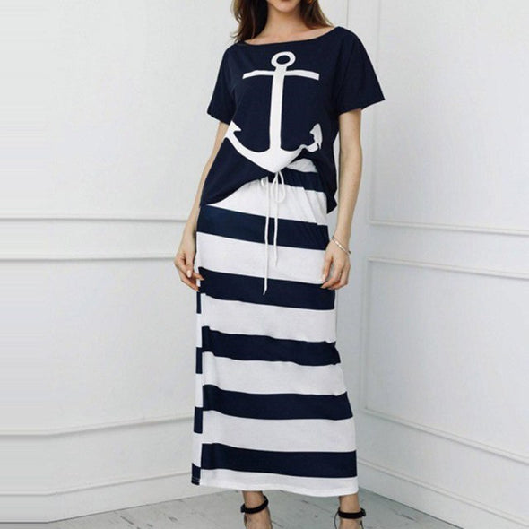 Women Off Shoulder Blouses T-shirt & Striped Maxi Dress Summer Slim Slash Neck 2 Pieces Sets Female Casual Ankle-Length Dress