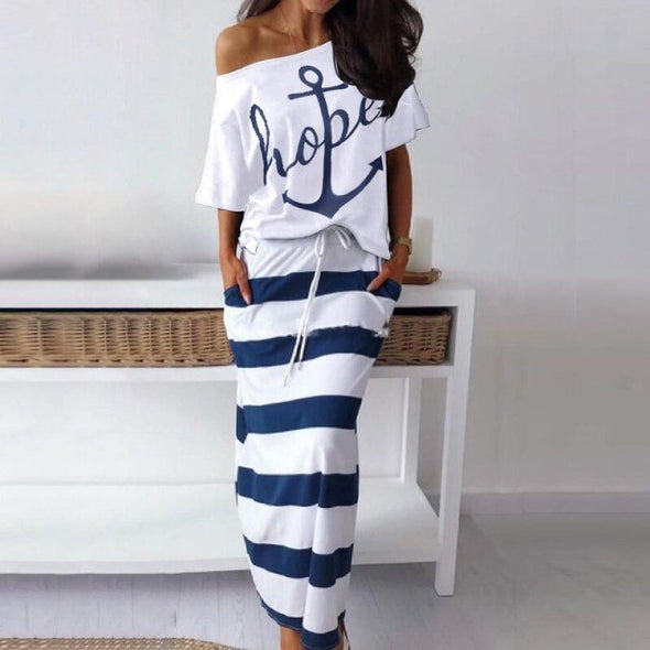 Women Off Shoulder Blouses T-shirt & Striped Maxi Dress Summer Slim Slash Neck 2 Pieces Sets Female Casual Ankle-Length Dress