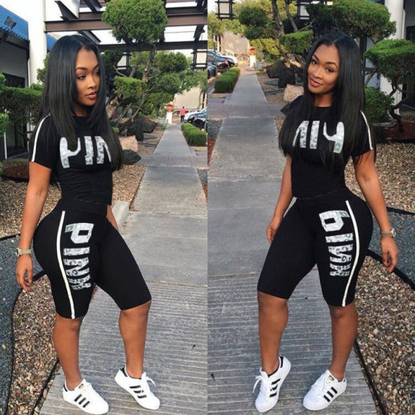 Fanco Casual Pink Letter Print Women Two Piece Set New Summer Rompers Sexy Striped T-Shirts And Skinny Pants 2pcs Outfits