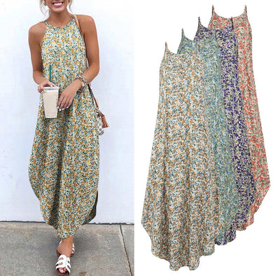 Printed Maxi Dresses VONDA Bohemian Sexy Sleeveless Sundress Women Causal Halter Summer Beach Dress Asymmetric Long Dresses