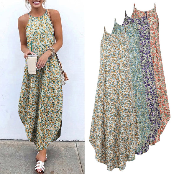 Printed Maxi Dresses VONDA Bohemian Sexy Sleeveless Sundress Women Causal Halter Summer Beach Dress Asymmetric Long Dresses